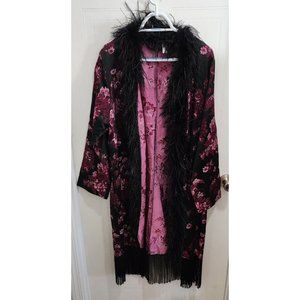 Fredericks Of Hollywood Open Robe Feather Boa Embroidered Black/Pink Floral L/XL